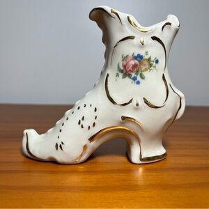Vintage High Heeled Boot Vase Porcelain Floral Hand Painted Gold trim